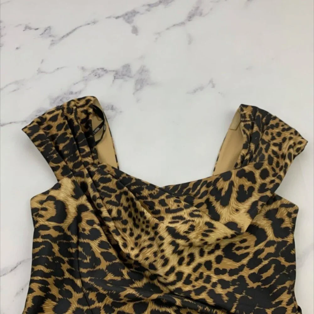 Tadashi Shoji Leopard Cocktail Dress Sz 8 Petite Brown Black Satin Pinup Wiggle - Picture 2 of 4